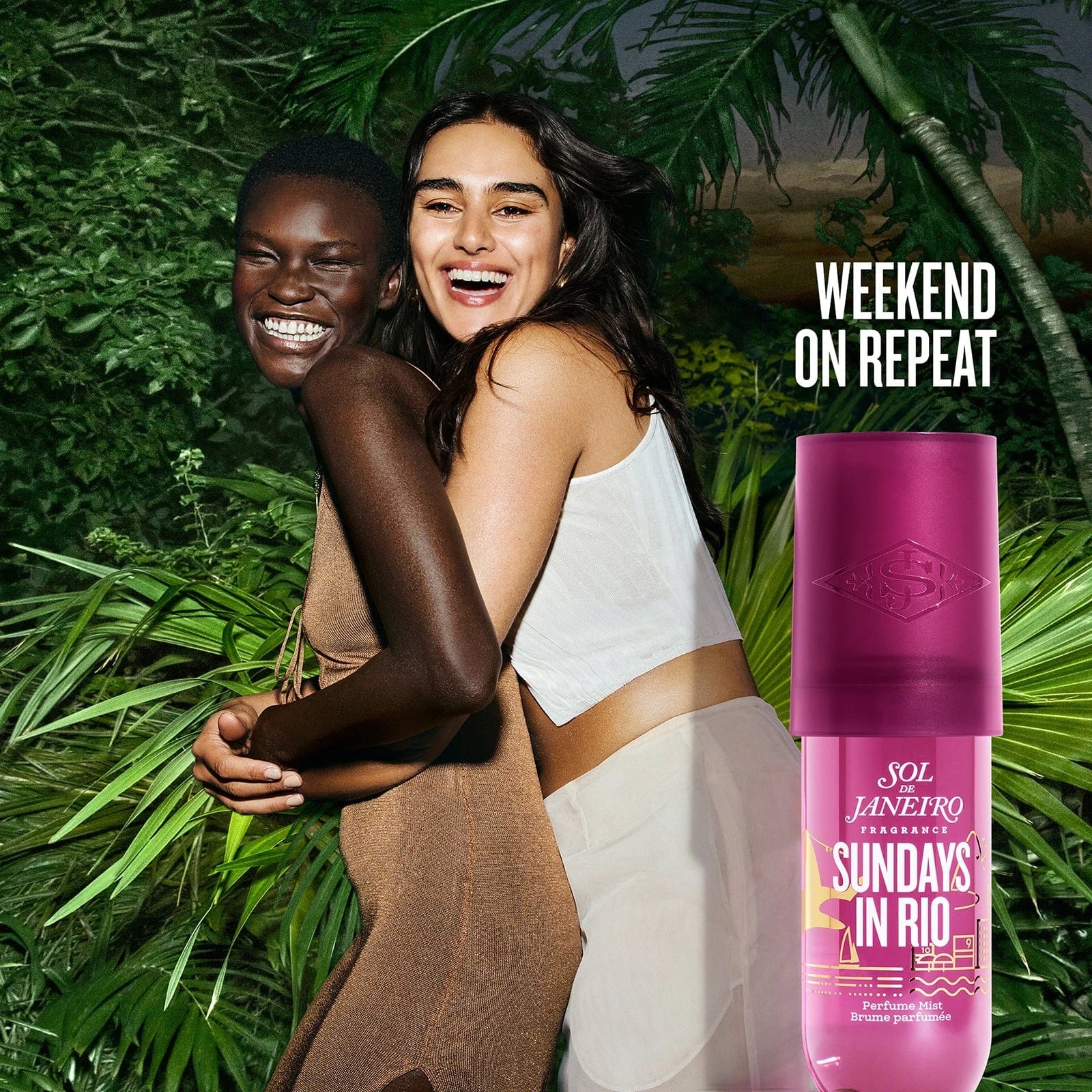 sol de janeiro sundays in rio 90ml render. Text on image reads weekend on repeat. The image is of two models smiling in the tropical paradise