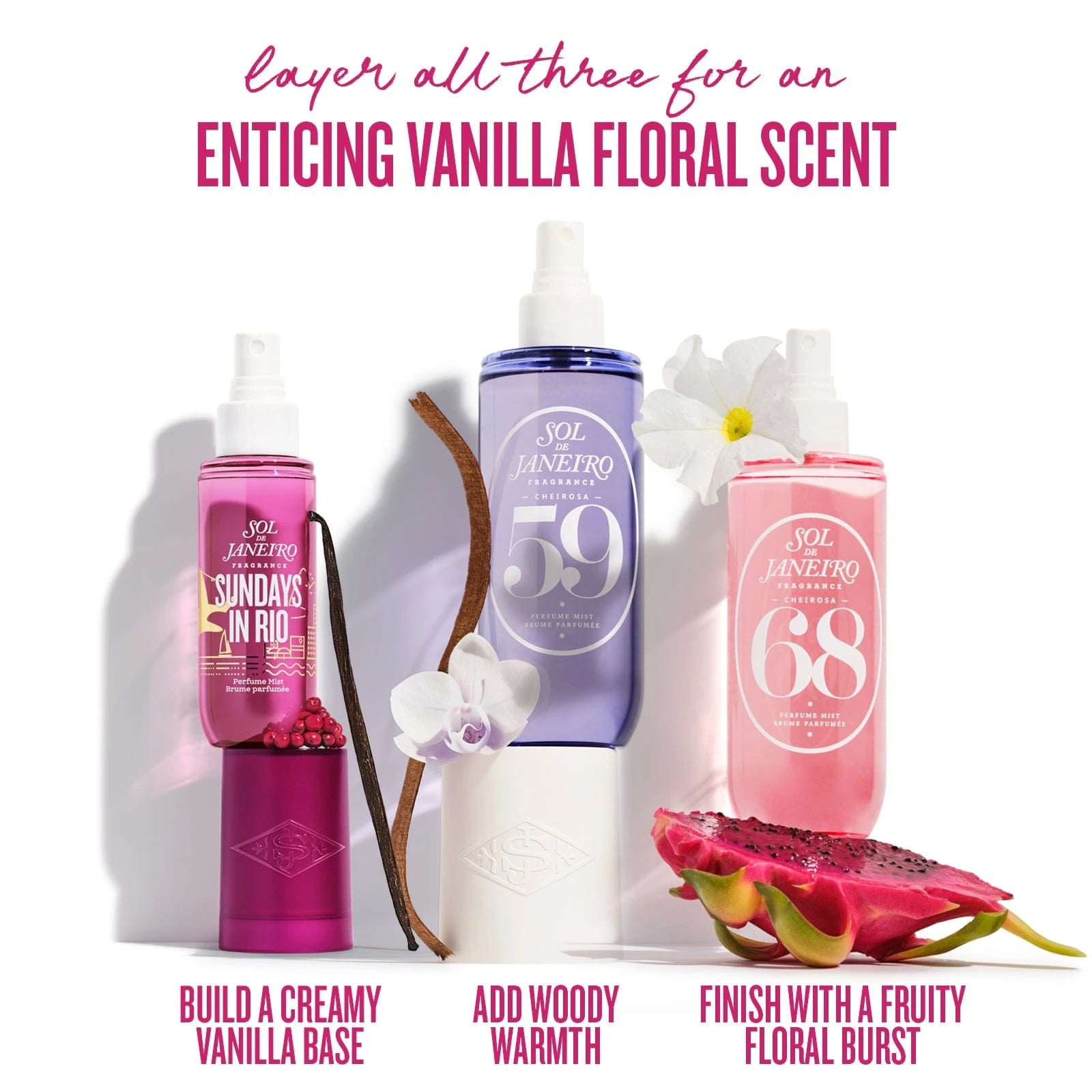Three perfume bottles with vanilla, floral, and fruity elements on a white background. text on image reads layer all three for an enticing vanilla floral scent. Build a creamy vanilla base, add woody warmth and finish with a fruity floral burst