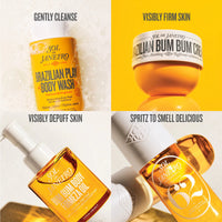 Collection of Sol de Janeiro skincare products with text describing their benefits.