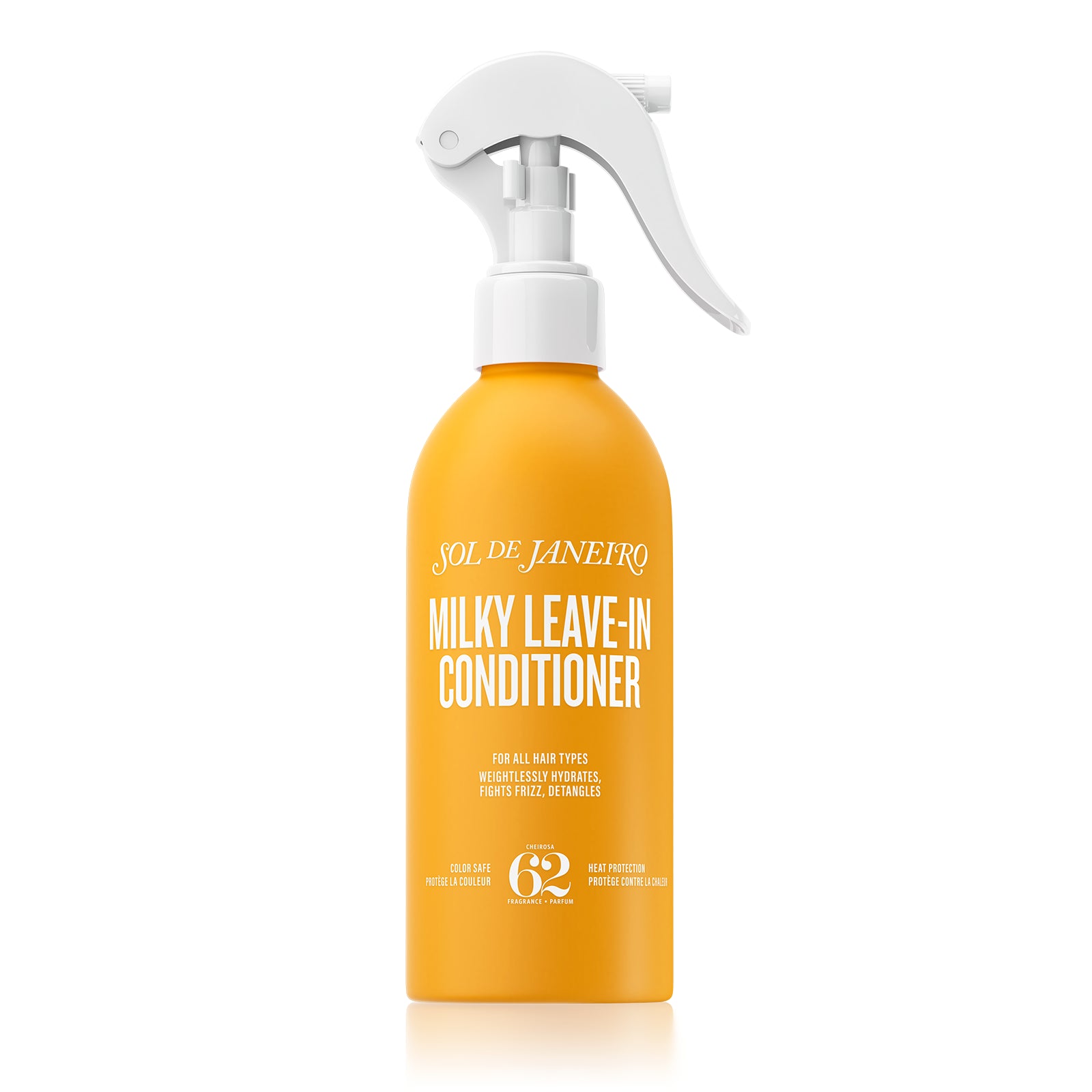 Yellow bottle of Sol de Janeiro Milky Leave-In Conditioner on a white background