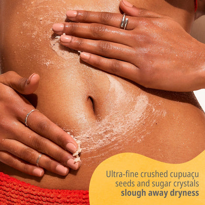 Ultra-fine crushed cupuacu seeds and sugar crystals slough away dryness