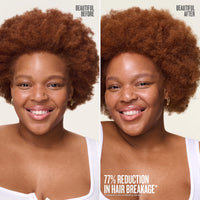 Before and after comparison of a woman's hair with text indicating 77% reduction in hair breakage.