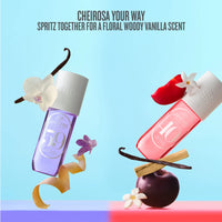 Two perfume bottles with floral and fruit elements on a colorful background