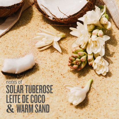 Notes of solar tuberose, leite de coco and warm sand