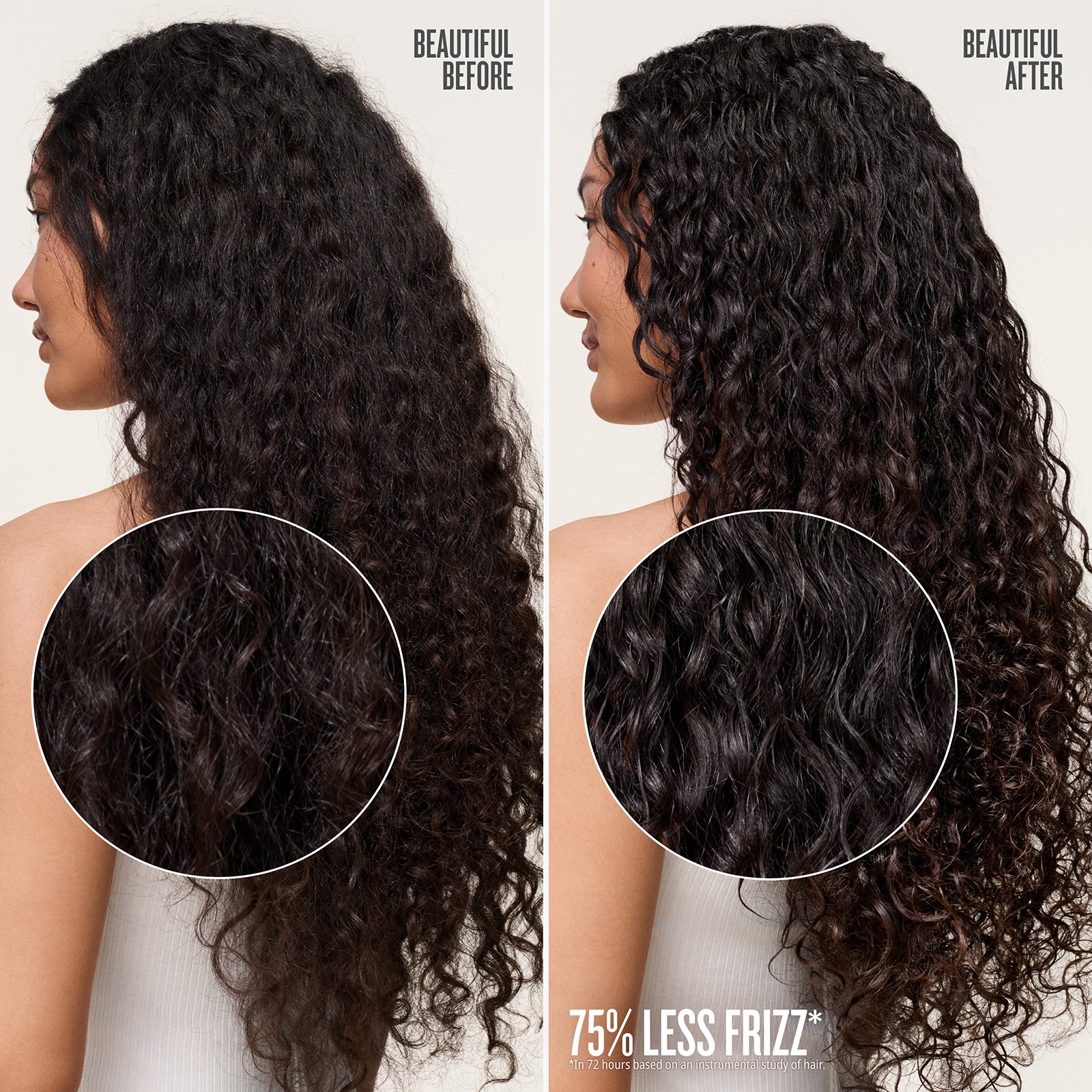 Before and after comparison of frizzy hair with 75% less frizz, on a neutral background.