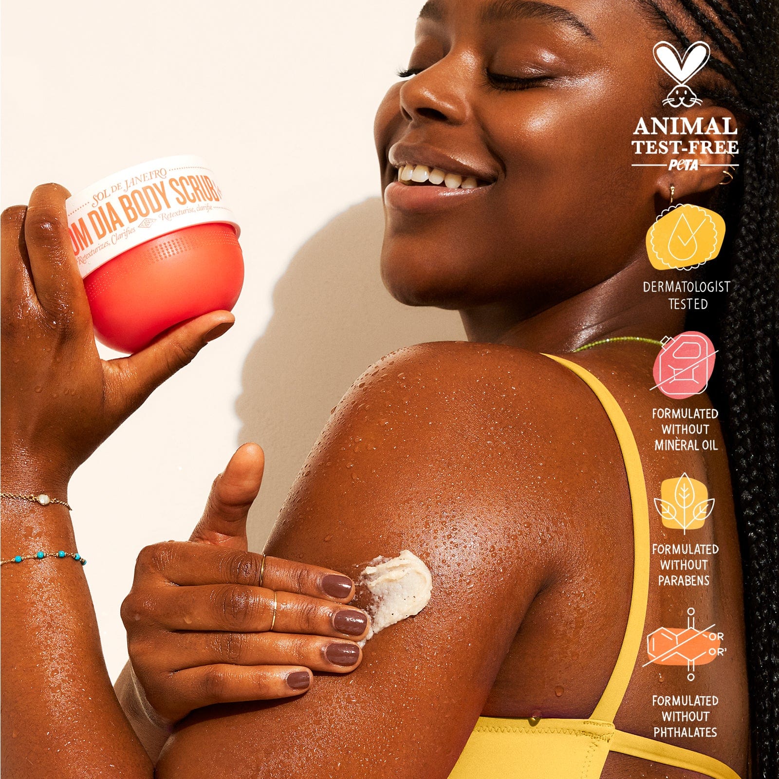 Animal test-free PETA. dermatologist tested, formulated without mineral oil, formulated without parabens, formulated without phthalates