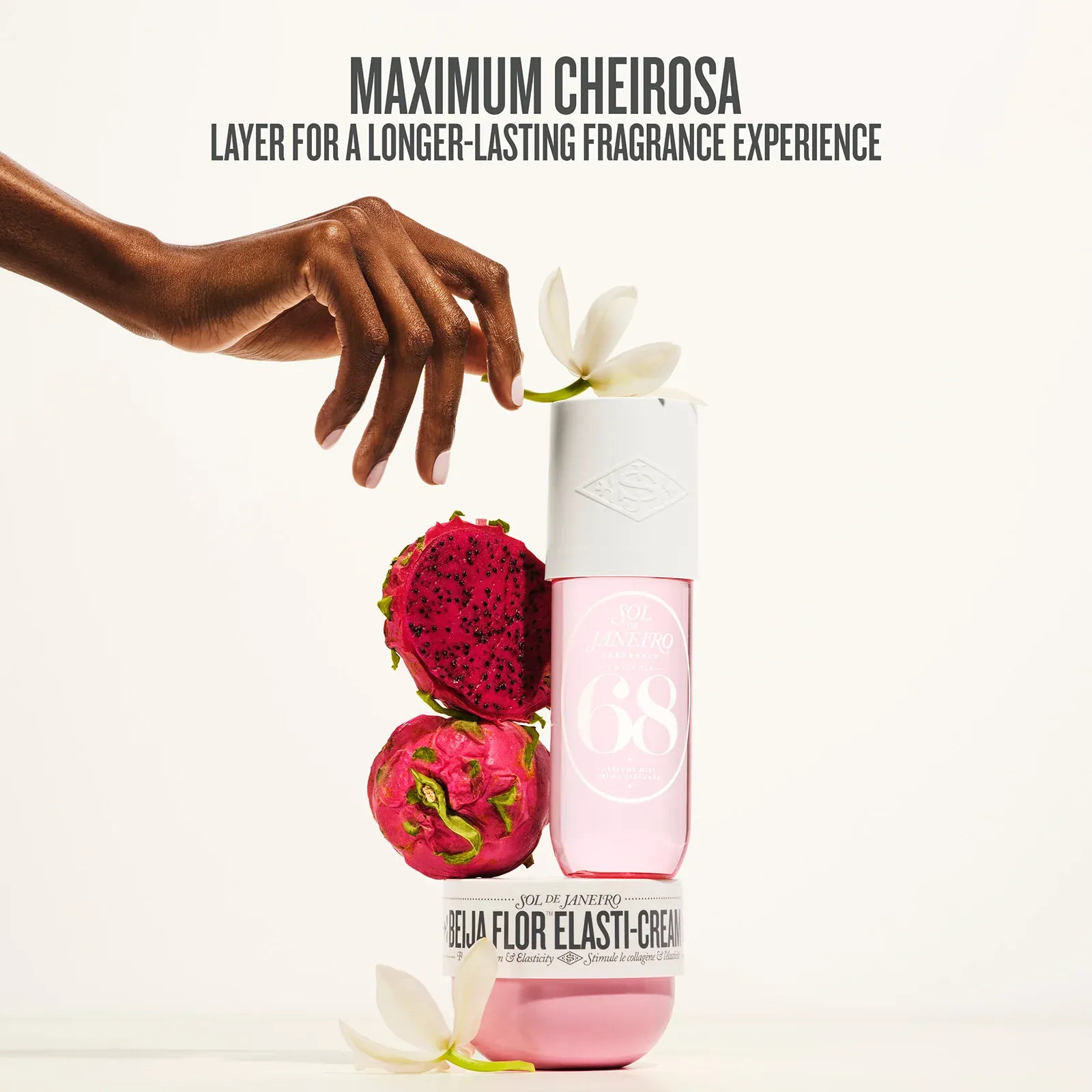Pink skincare product with dragon fruit and flowers, labeled 'Maximum Cheirosa'.
