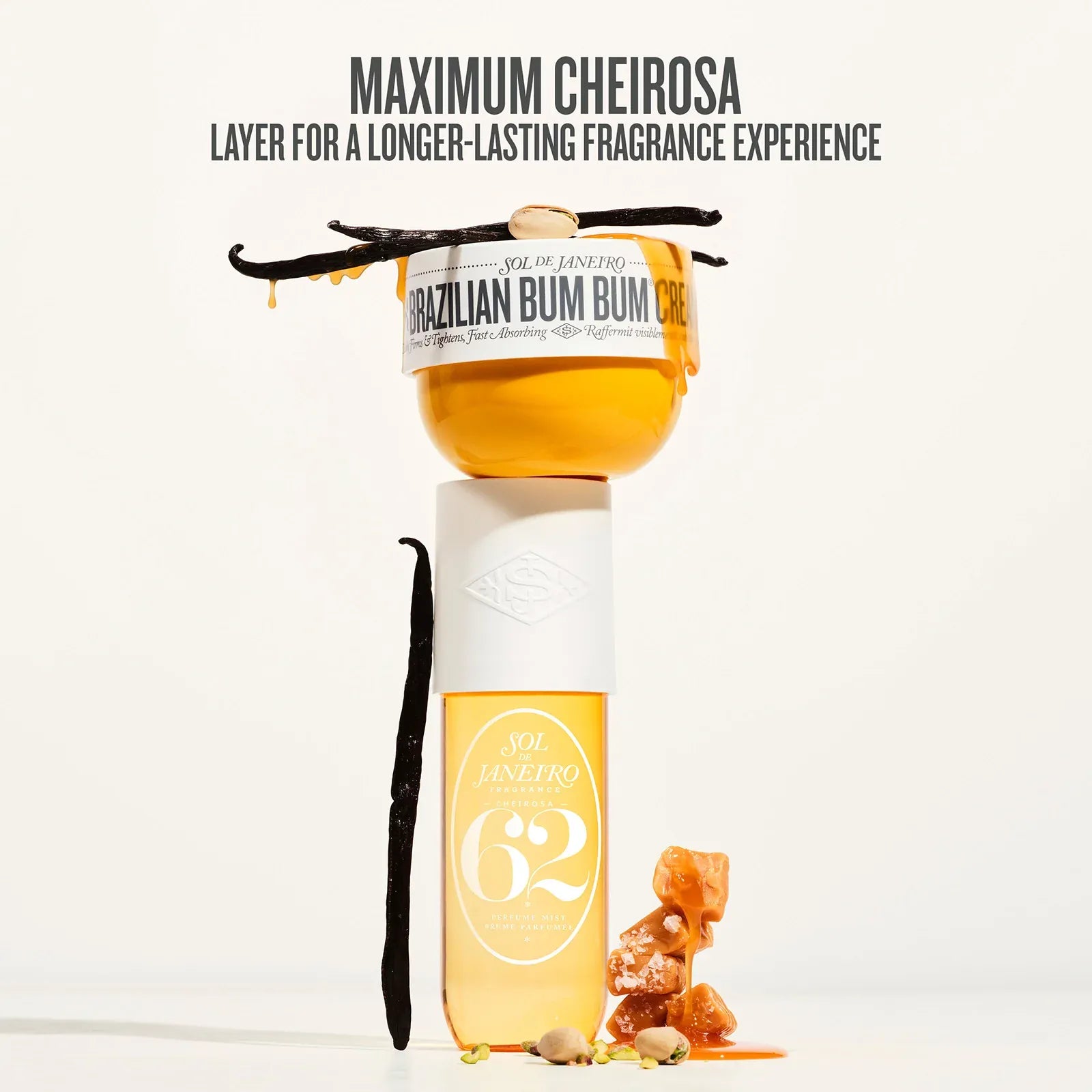 Bottle of Brazilian Bum Bum 62 with vanilla bean and orange peel on a white background

Maximum cheirosa layer for a longer-lasting fragrance experience