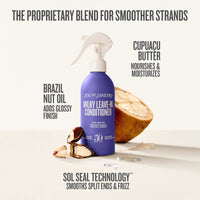 Milky leave-in conditioner bottle with coconut and text highlighting ingredients on a white background