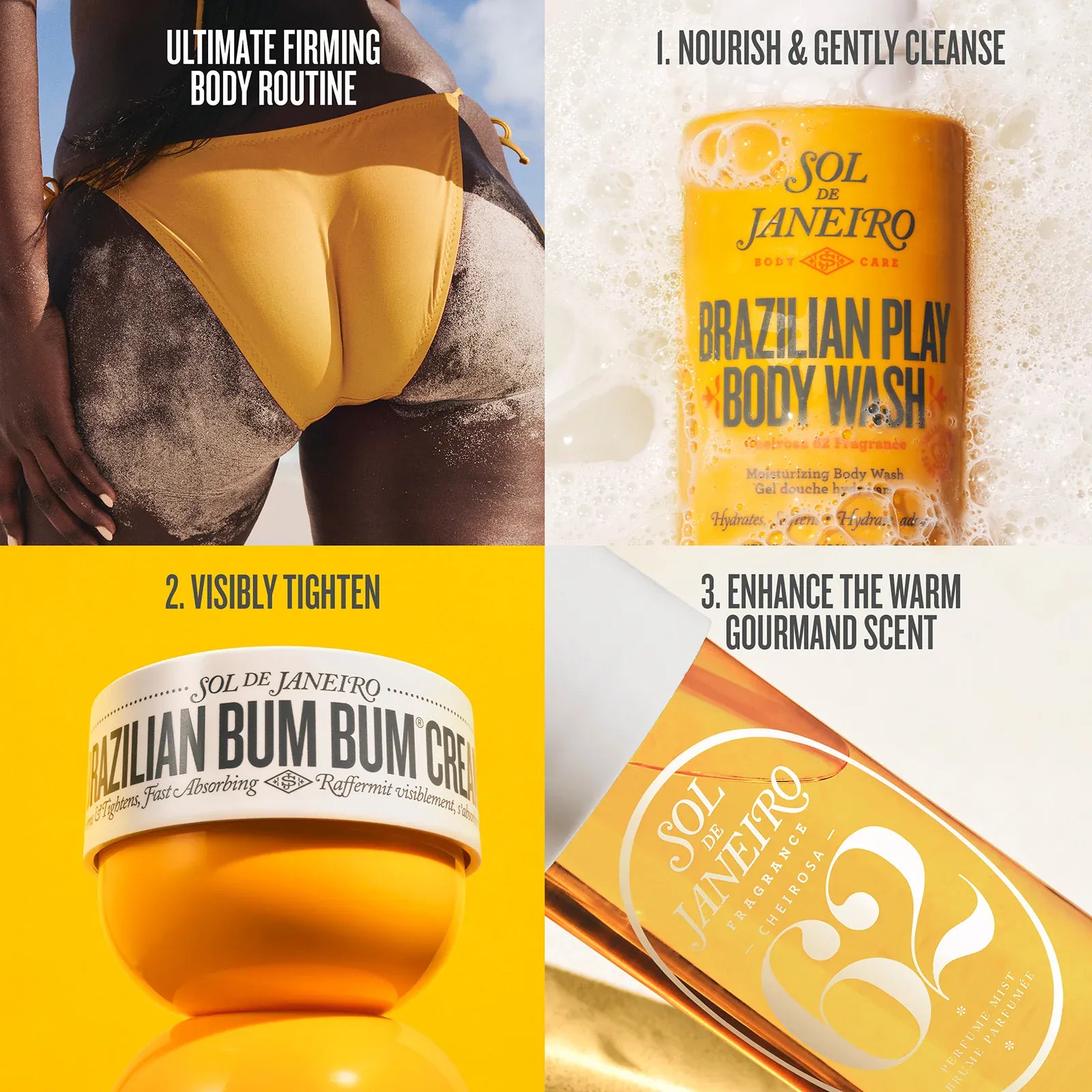 Promotional graphic for Sol de Janeiro Brazilian Play body wash, cream, and scrub with product images and text.