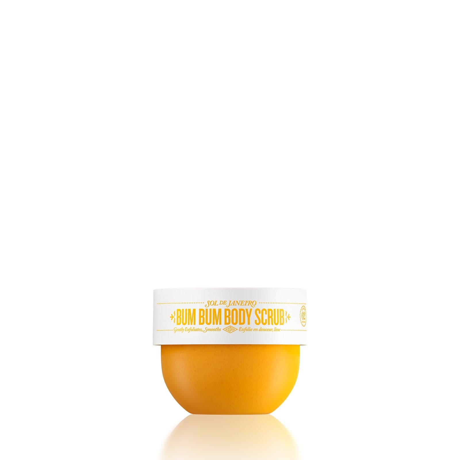 Yellow container of 'Bum Bum Body Scrub' with white label on a white background