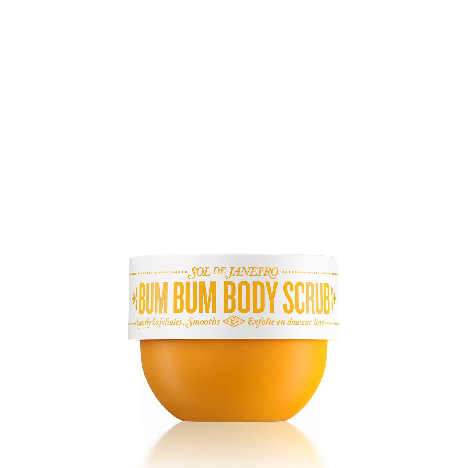 Orange container of 'Bum Bum Body Scrub' with white label on a white background