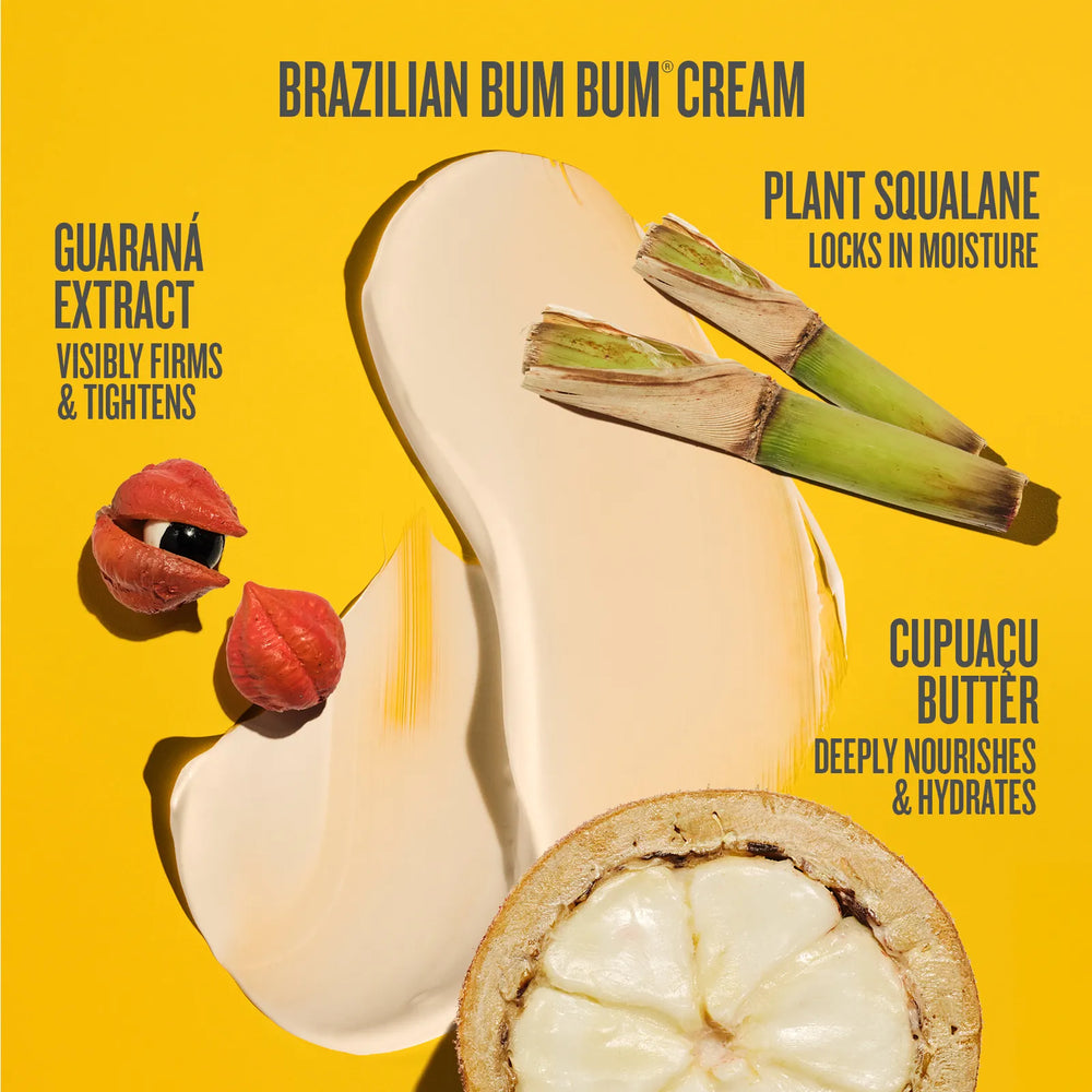 A cosmetic product graphic for Brazilian Bum Bum Cream on a bright yellow background. A large smear of creamy beige cream is centered, with guaraná extract capsules, plant squalane stalks, cupuacu butter, and text callouts describing ingredients and benefits.