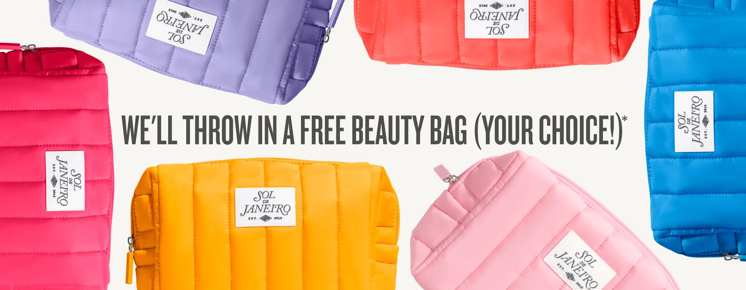 Colorful makeup bags with free beauty bag offer in the center. Text on image reads we'll throw in a free beauty bag (your choice)*
