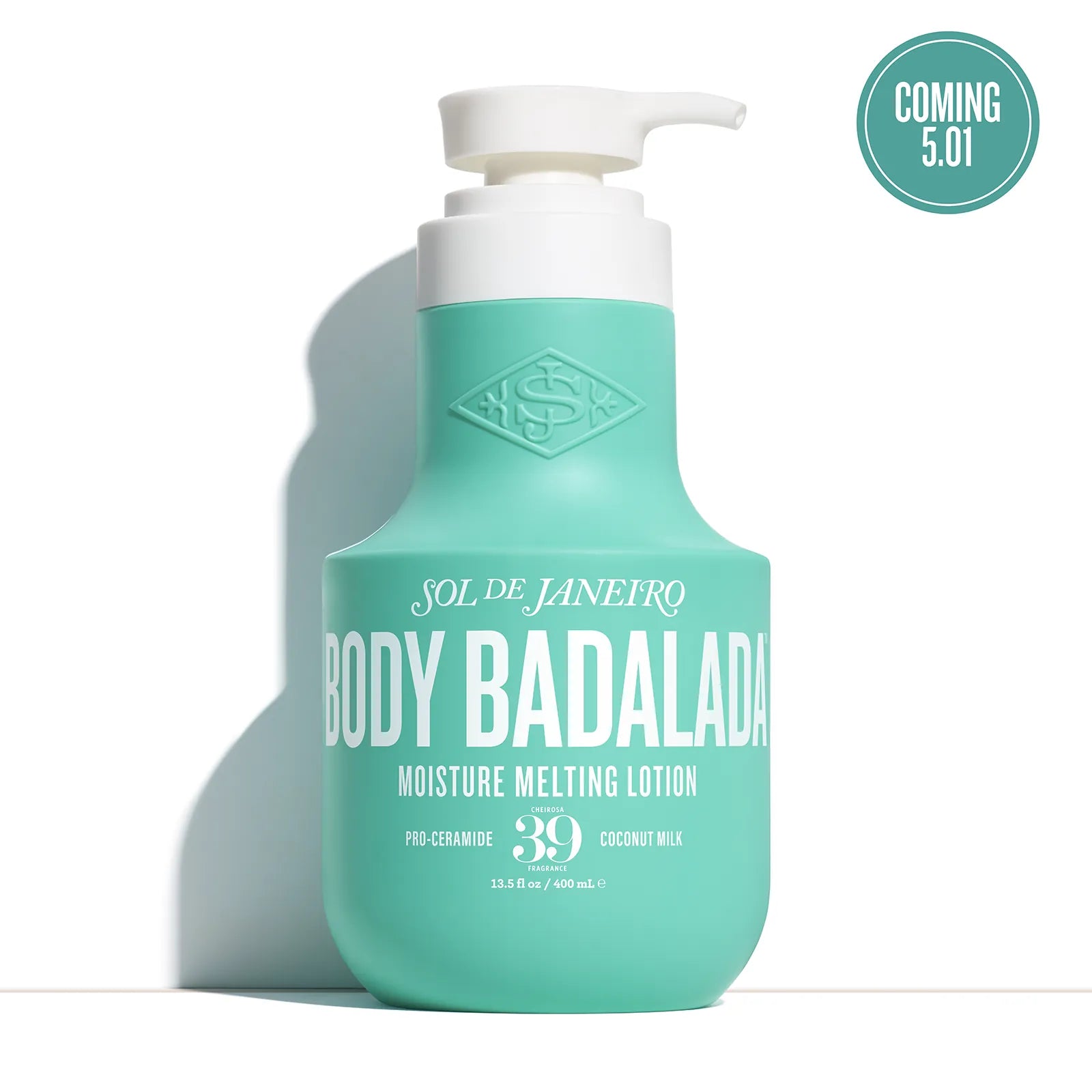 Green lotion bottle with pump labeled 'Body Badalada' on a white background