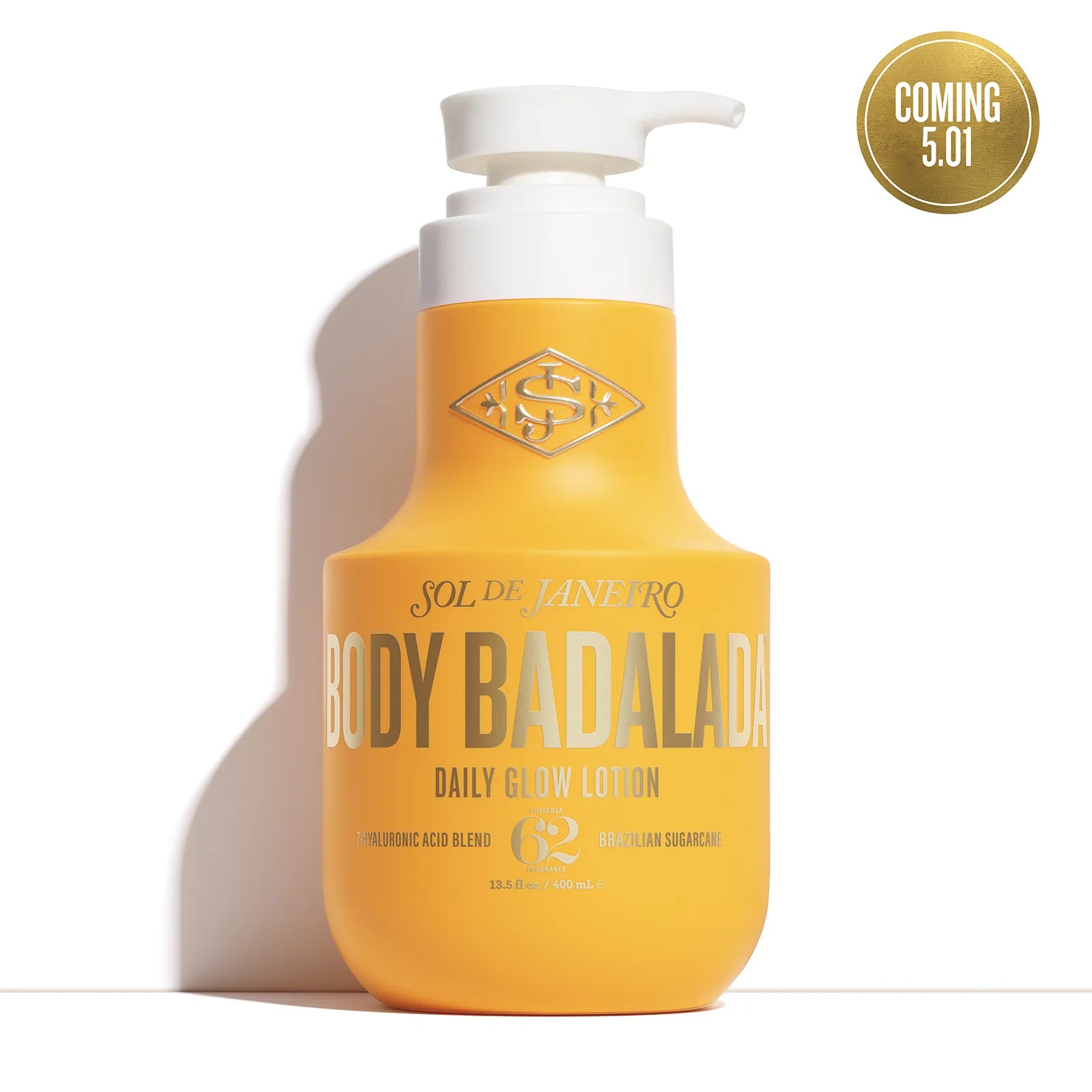 Yellow lotion bottle with pump labeled 'Body Badalado' on a white background