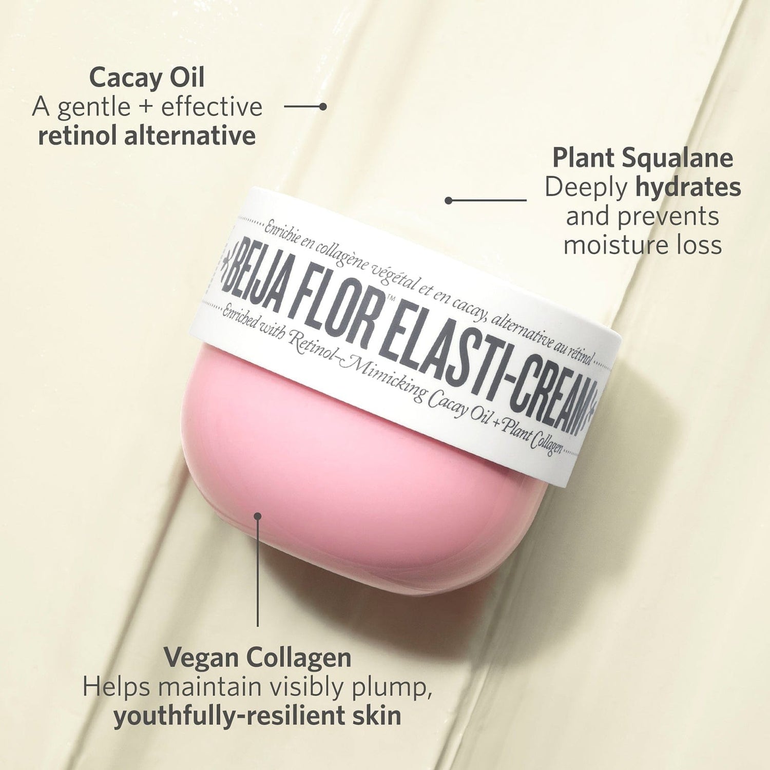 Cacay oil - a gentle + effective retinol alternative, plant squalane - deeply hydrates and prevents moisture loss, vegan collagen - helps maintain visibly plump, youthfully-resilient skin 
