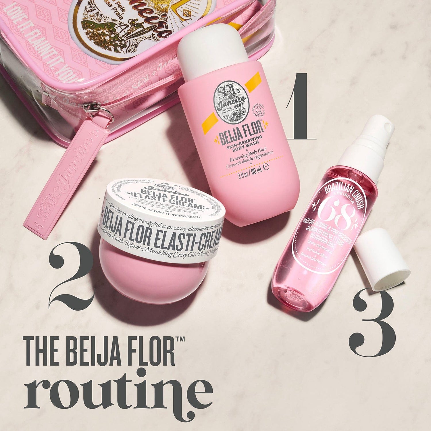 The Beija Flor routine - 1. Body Wash - 2. Body Cream - 3. Perfume Mist | Beija Flor Jet Set | Sol de Janeiro