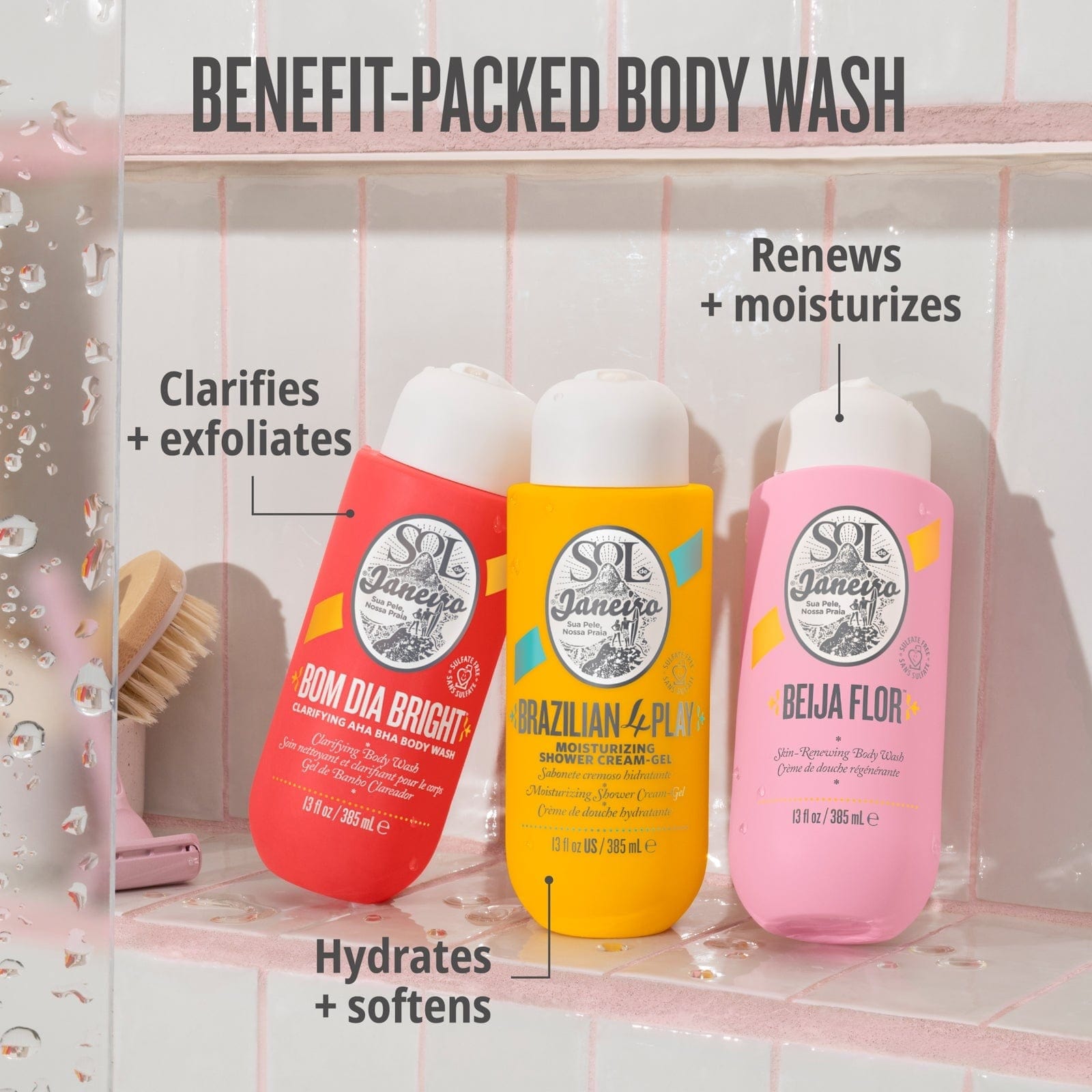 Benefit-packed body wash - clarifies + exfoliates, hydrates + softens, renews + moisturizes