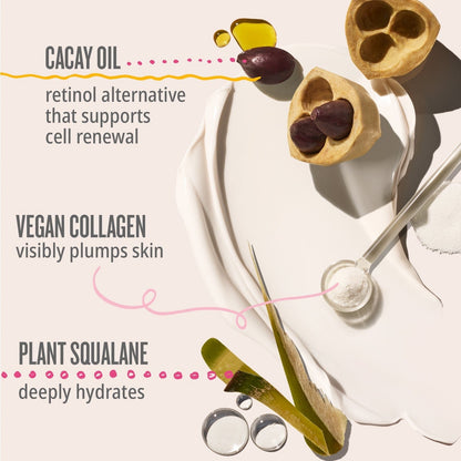 Cacay Oil: retinol alternative that supports cell renewal. Vegan collagen: visibly plumps skin. Plant squalane: deeply hydrates