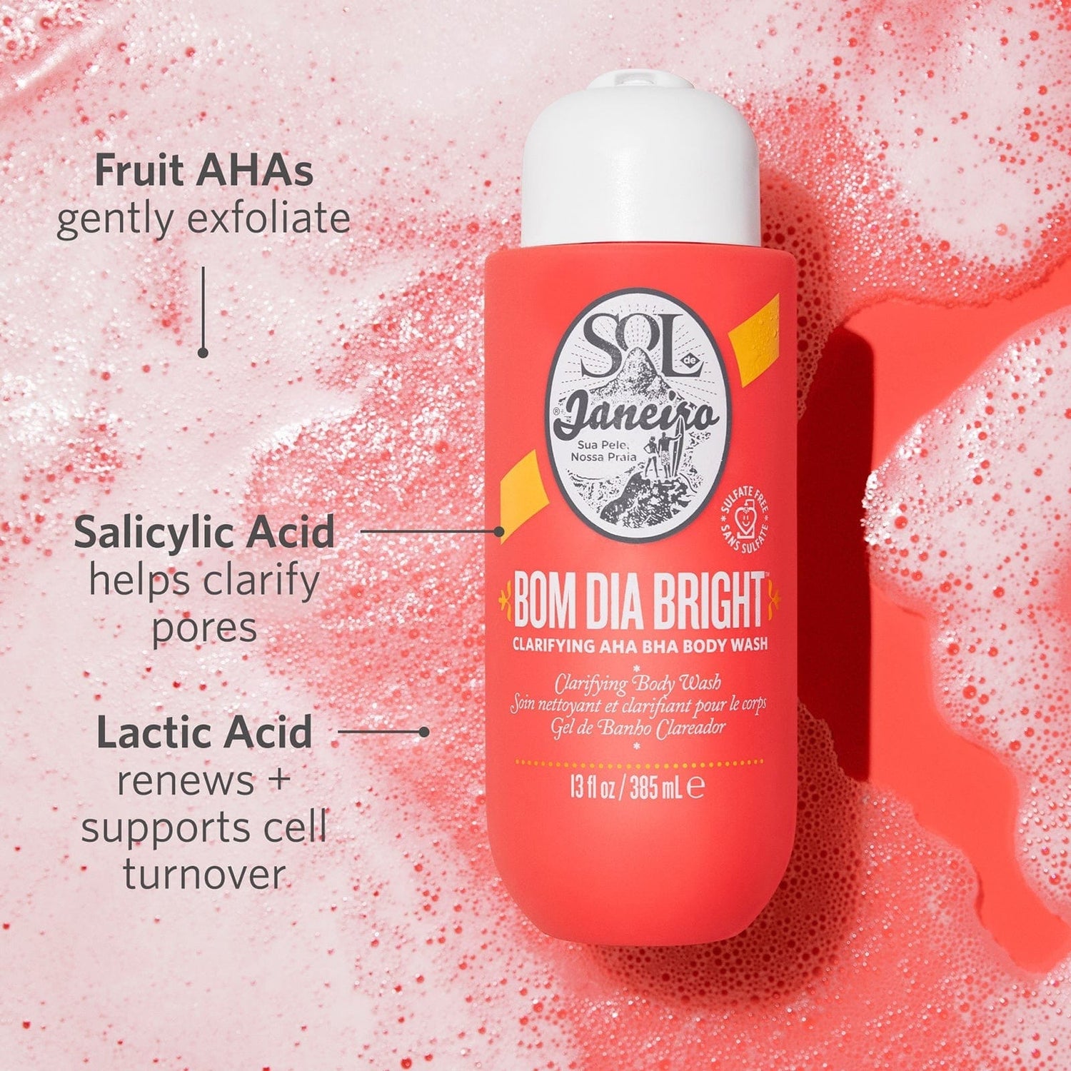 Fruit AHAs gently exfoliate, salicylic acid helps clarify pores, lactic acid renews + supports cell turnover