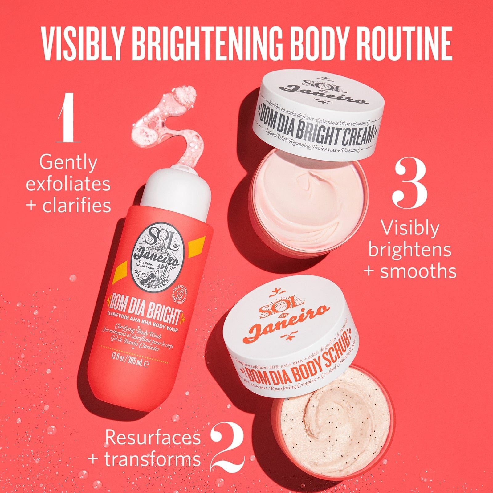 Visibly brightening body routine - 1. gently exfoliates + clarifies 2. Resurfaces + transforms 3. Visibly brightens + smooths 