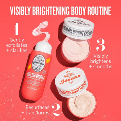 Visibly brightening body routine - 1. gently exfoliates + clarifies 2. Resurfaces + transforms 3. Visibly brightens + smooths 