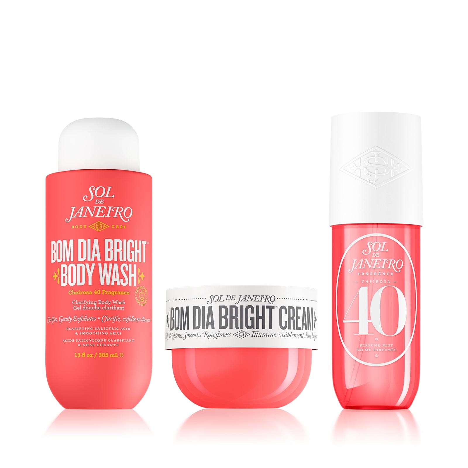 Brightening boost routine set - Bom Dia bright body wash 385ml, cheirosa 40 perfume mist 240ml, bom dia bright cream 240ml