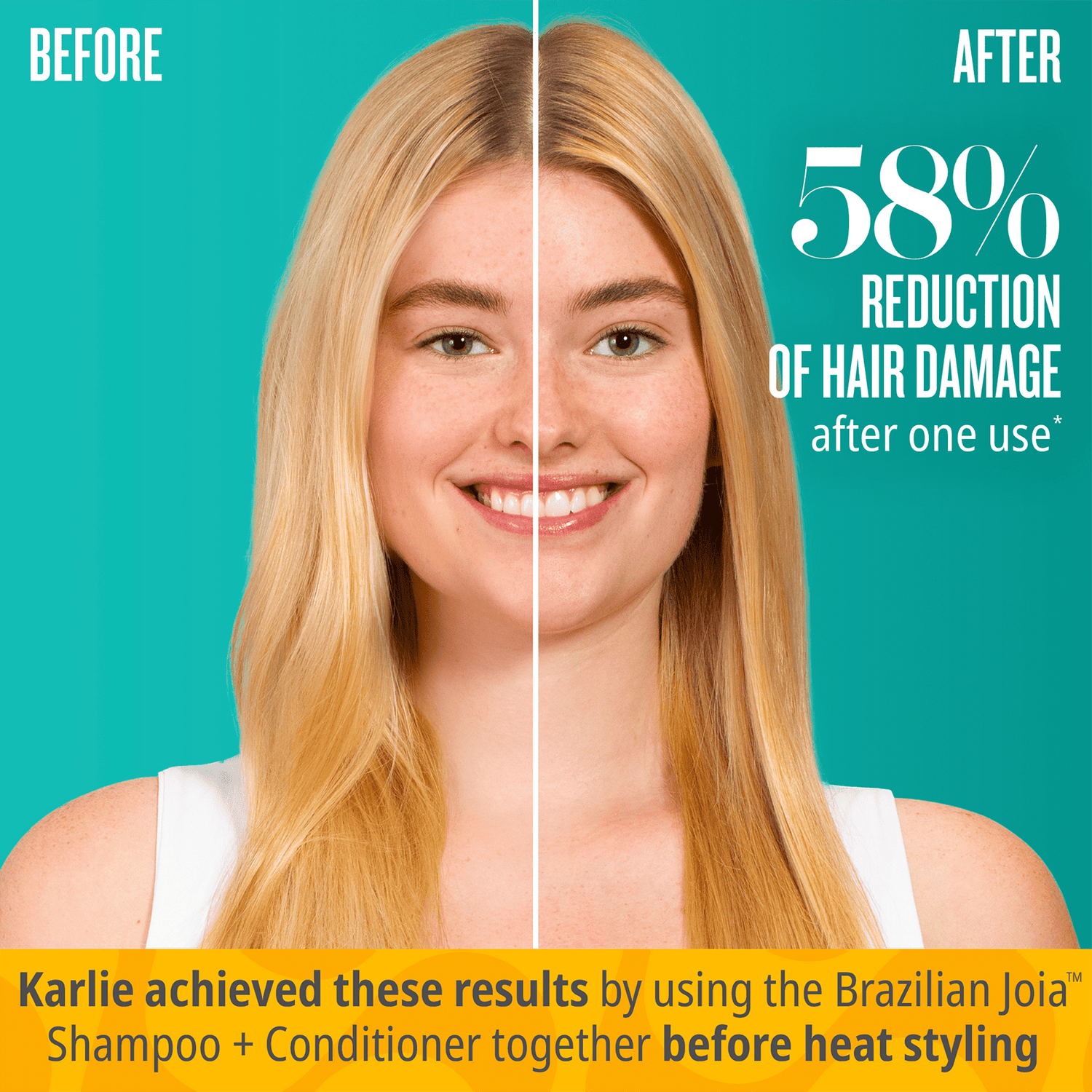 Before // After 58% reduction of hair damage after one use* Karlie achieved these results by using the Brazilian joia shampoo + conditioner together before styling with heat