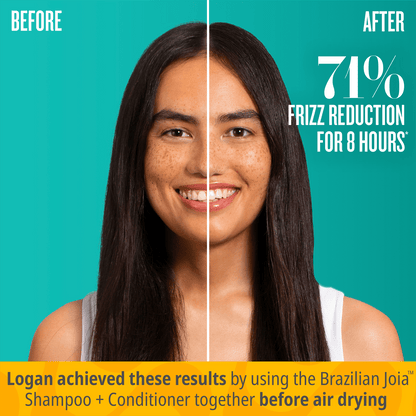 Before // After 71% frizz reduction for 8 hours* Logan achieved these results by using the Brazilian joia shampoo + conditioner together before hair drying