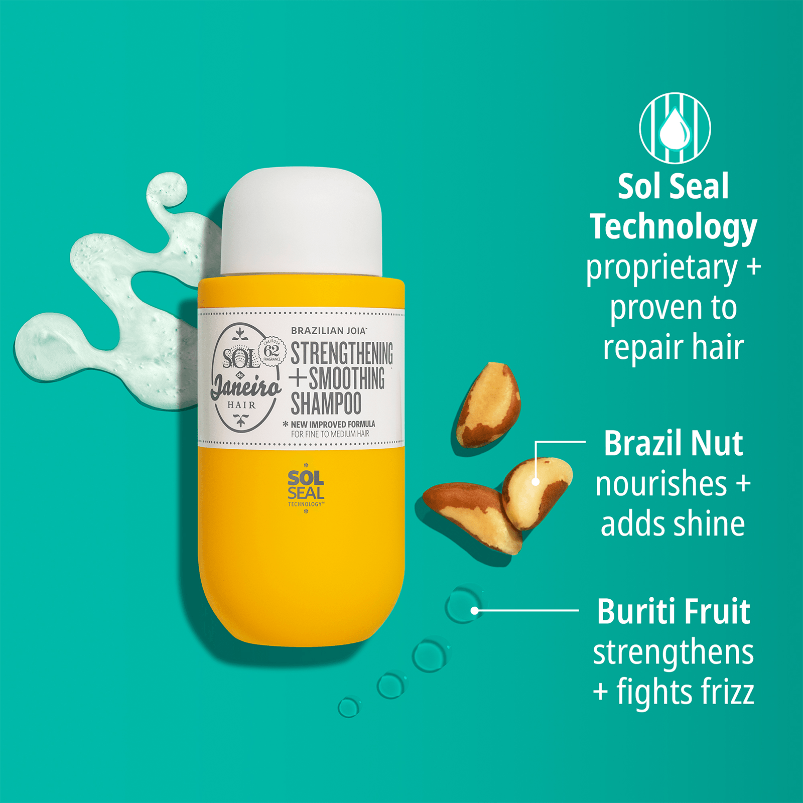 Sol seal technology proprietary + proven to repair hair. Brazil nut nourishes + adds shine. Buriti fruit strengthens + fights frizz