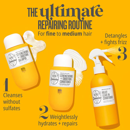 The ultimate repairing routine for fine to medium hair. 1. cleanses without sulfates 2. weightlessly hydrates + repairs 3. detangles + fights frizz