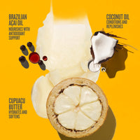 Product display with ingredients on a yellow background

Brazilian acai oil nourishes with antioxidant support 
coconut oil conditions and replenishes 
cucuacu butter hydrates and softens