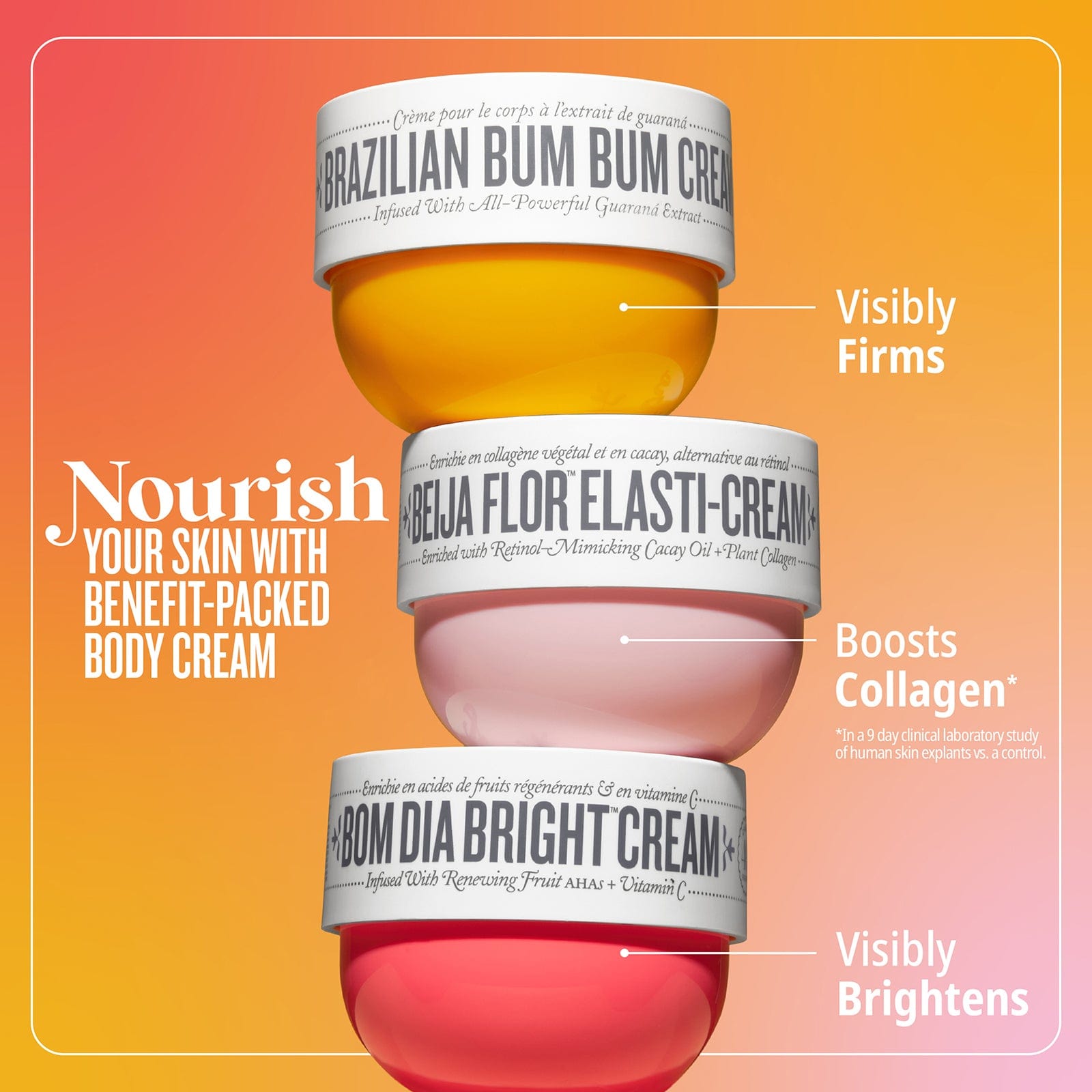Nourish Your Skin with benefit-packed body cream | Brazilian Bum Bum Cream - visibly firms |  Beija flor elasti-cream - boosts collagen,  in a 9 day clinical laboratory study of human skin explants vs. a control | Bom dia bright cream - visibly brightens | Sol de Janeiro