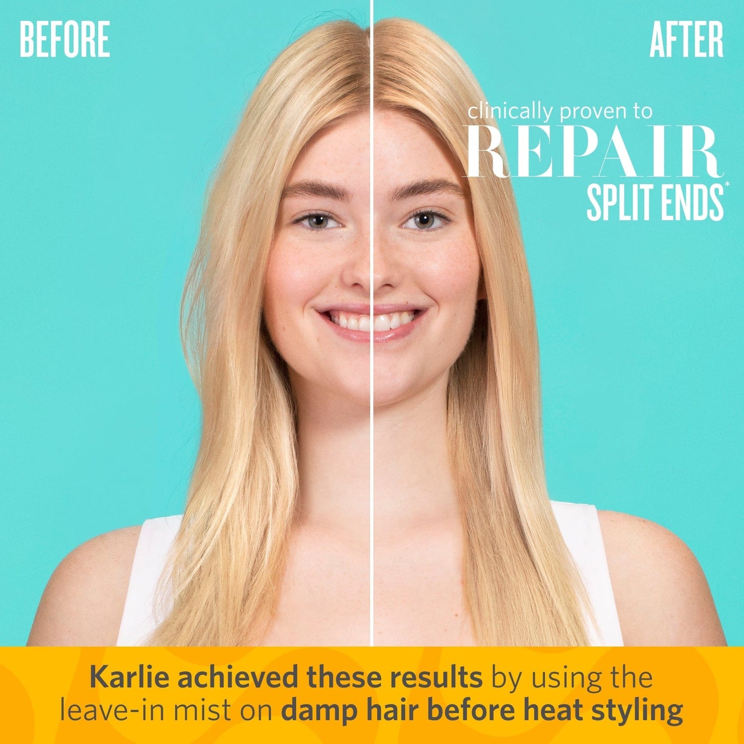 Before // After - Clinically proven to repair split ends*. Karlie achieved these results by using the leave-in mist on damp hair before heat styling 