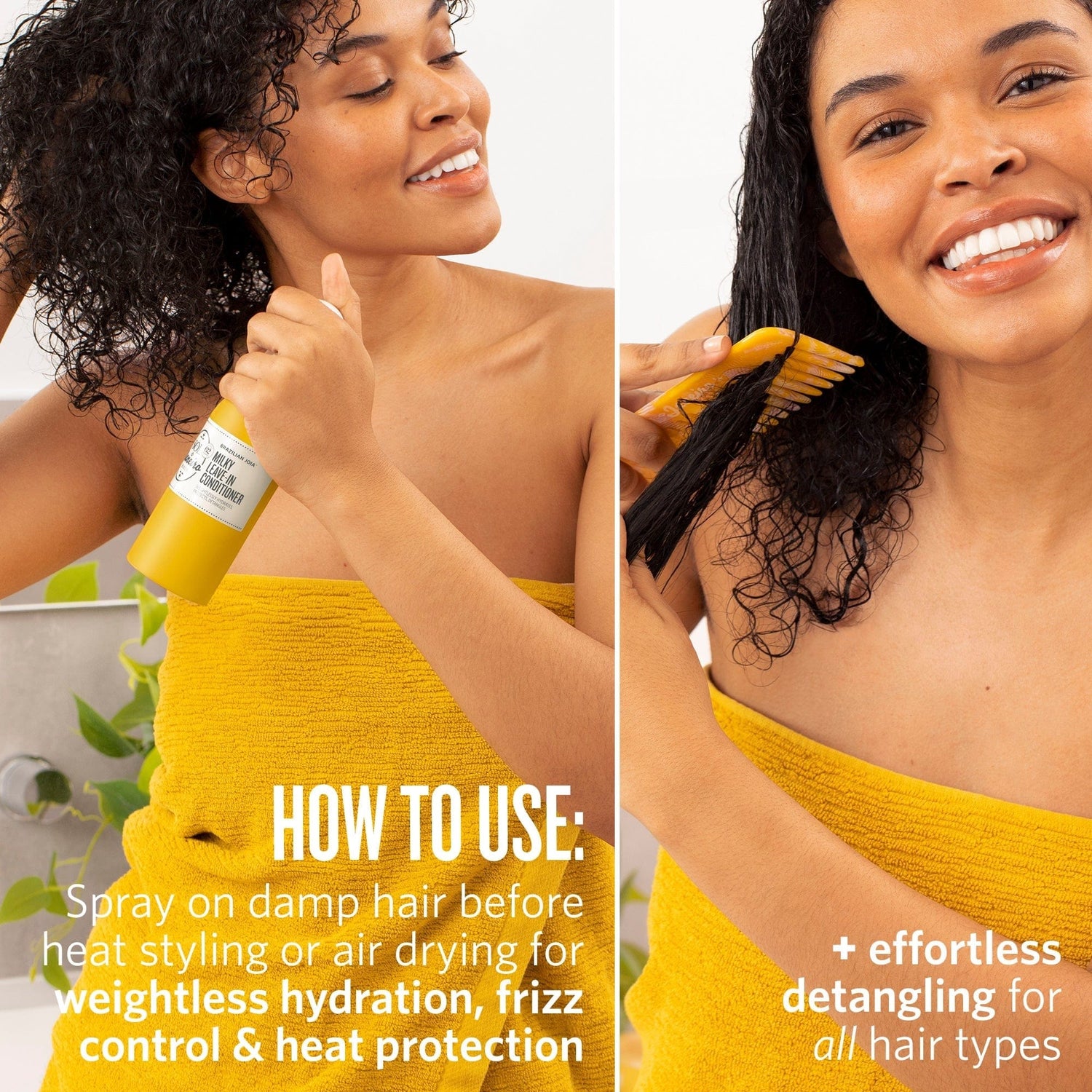 How to use: spray on damp hair before heat styling or air drying for weightless hydration, frizz control and heat protection + effortless detangling for all hair types