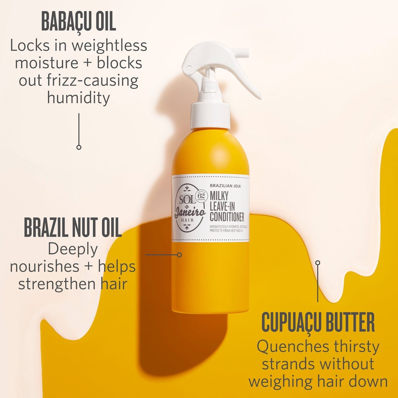 Babacu oil locks in weightless moisture + blocks out frizz-causing humidity. Brazil nut oil - deeply nourishes + helps strengthen hair. Cupuacu butter - quenches thirsty strands without weighing hair down 