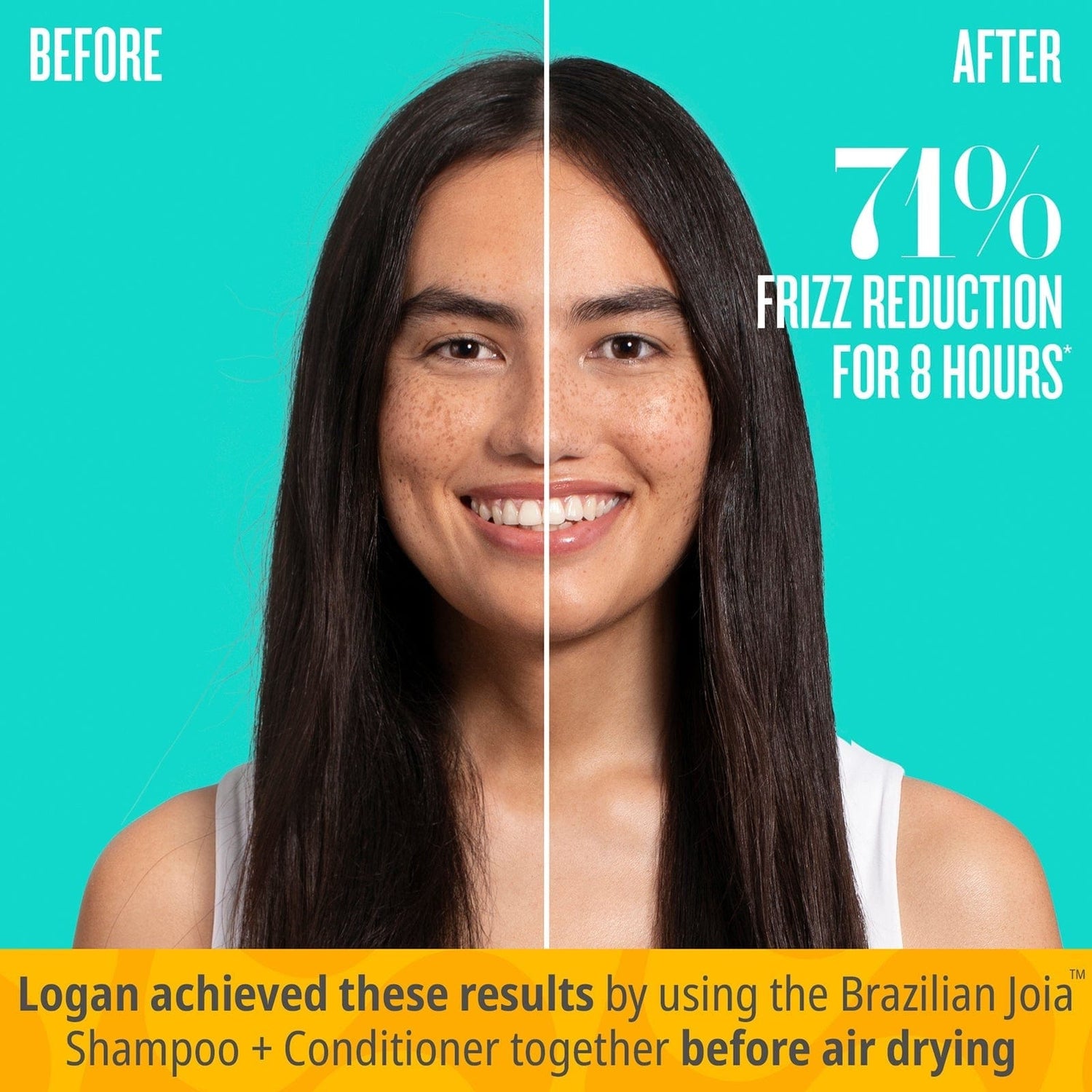 Before // After 71% frizz reduction for 8 hours* - Logan achieved these results by using the Brazilian Joia Shampoo + Conditioner together before air drying