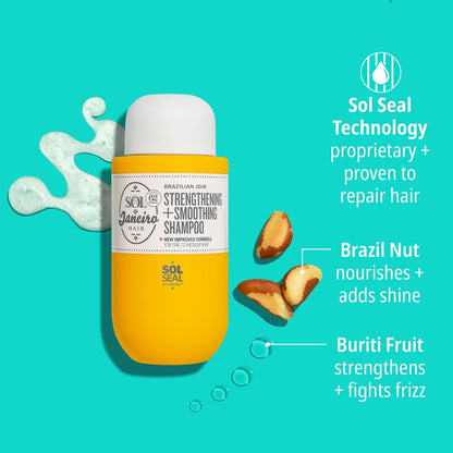 Sol seal technology proprietary + proven to repair hair. Brazil Nut nourishes + adds shine. Buriti fruit strengthens + fights frizz 