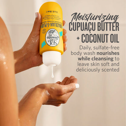 Moisturizing cupuacu butter + coconut oil. Daily, sulfate-free body wash nourishes while cleansing to leave skin soft and deliciously scented