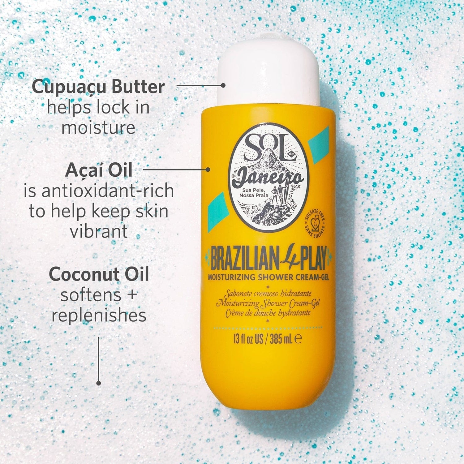 Cupuacu butter - helps lock in moisture. Acai oil - is antioxidant-rich to help keep skin vibrant. Coconut oil - softens + replenishes 