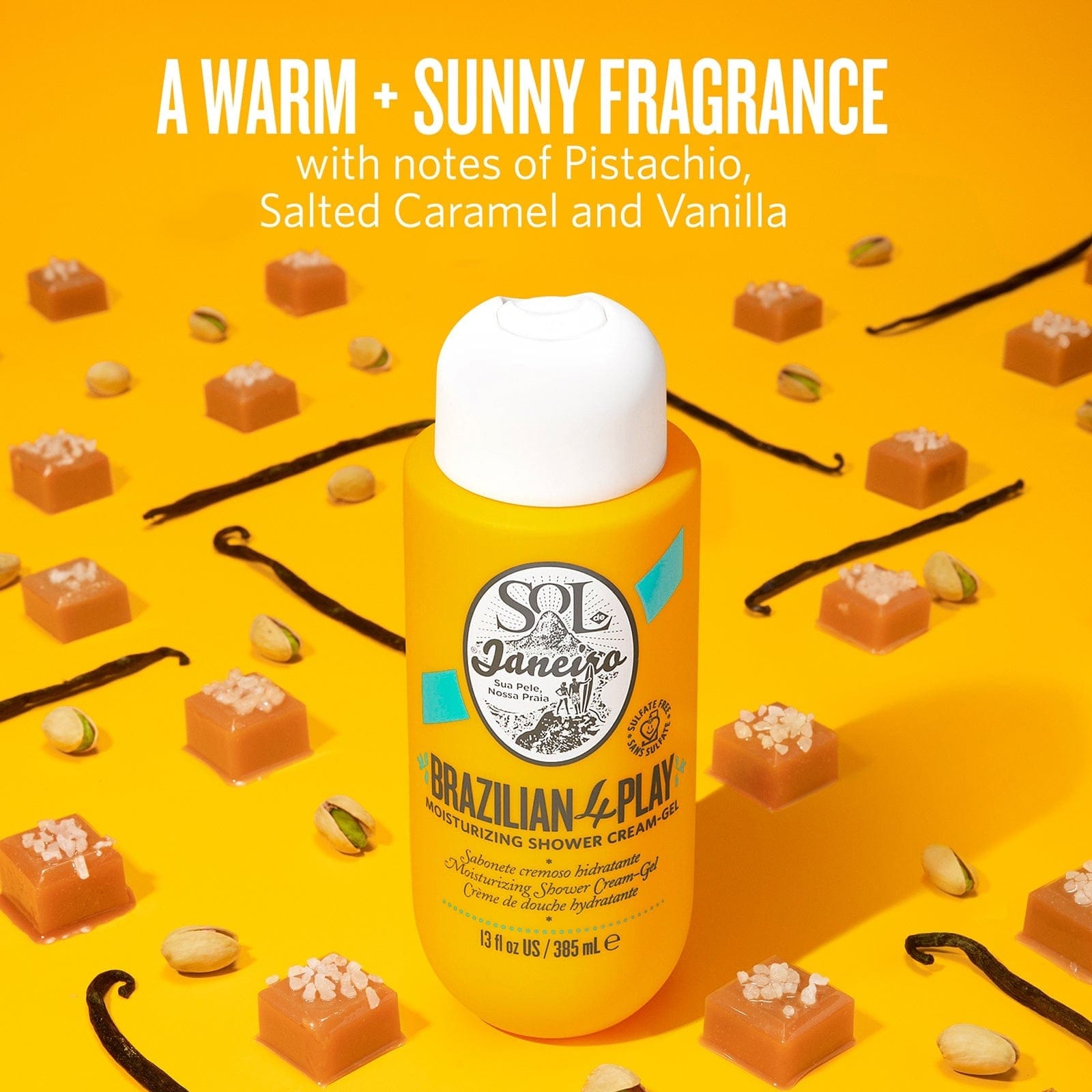 A warm + sunny fragrance with notes of pistachio, salted caramel and vanilla