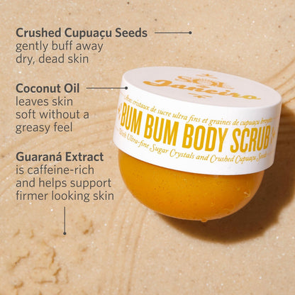 Crushed cupuacu seeds - gently buff away dry, dead skin. Coconut oil - leaves skin soft without greasy feel. Guarana extract - is caffeine-rich and helps support firmer looking skin