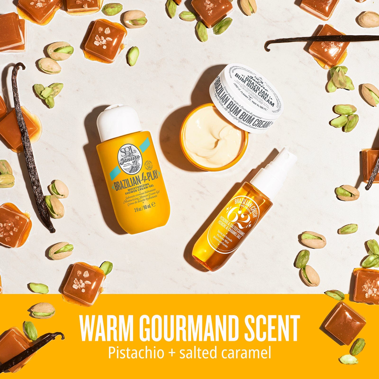 Warm Gourmand Scent - Pistachio and salted caramel | Bum Bum Jet Set | Sol de Janeiro