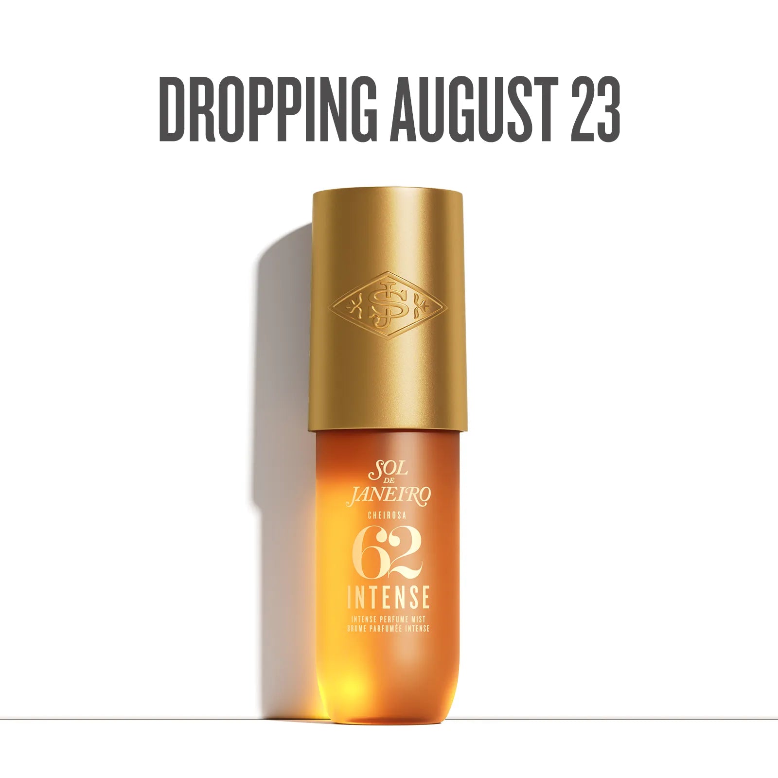 A bottle of Sol Janefro Laferge 62 Intense UV protection factor 30 sunscreen with a gold cap and amber-colored bottle, shown on a white background with the text 'DROPPING AUGUST 23' above it.
