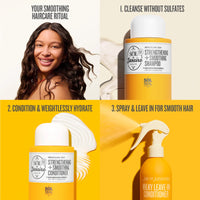 Hair care product set with a woman and hair products on a yellow background