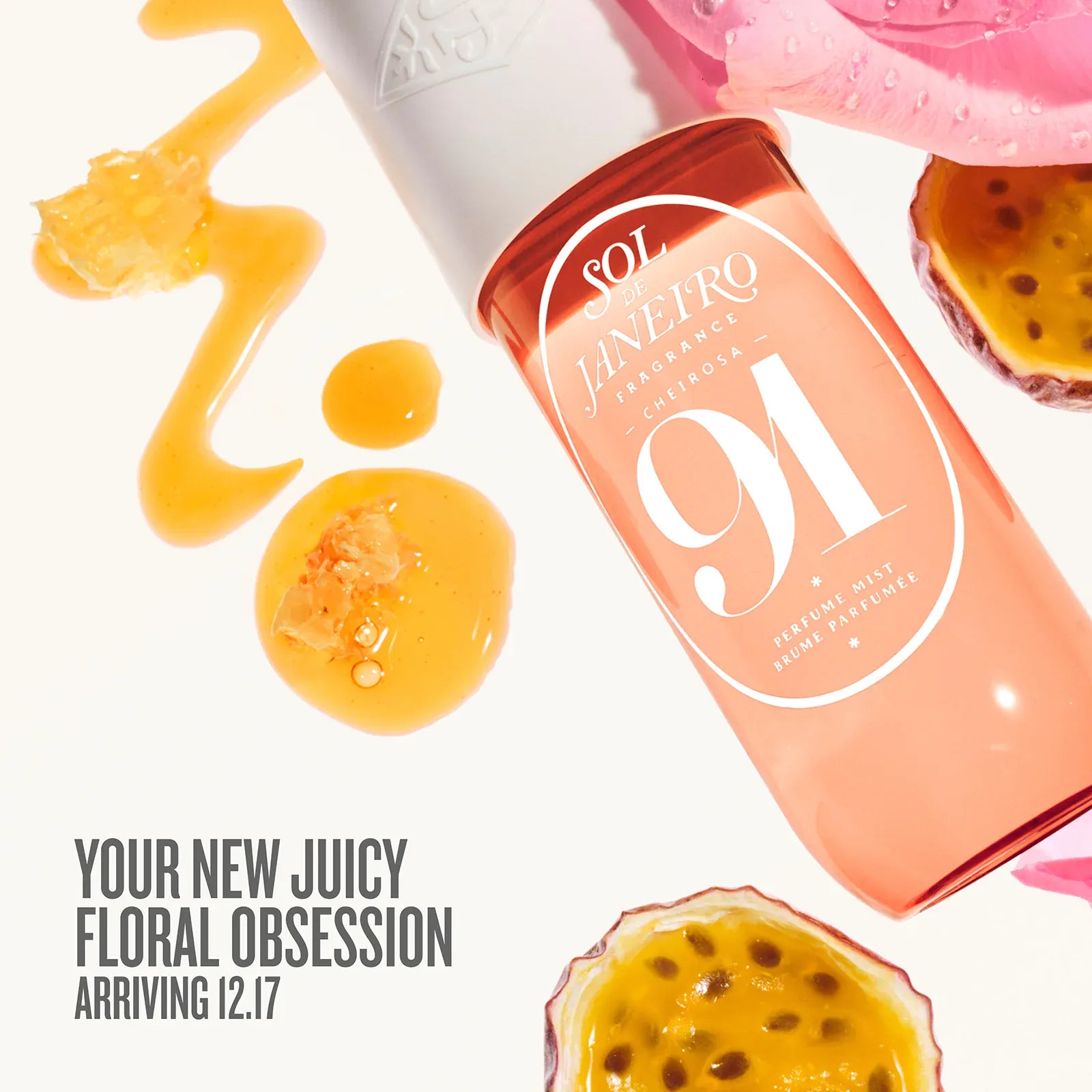 Solucao de Janeiro perfume bottle with passion fruit and honey elements on a white background. Text on image reads your new juicy obsession arriving 12.17