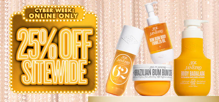 Promotional banner for a sale event with skincare products on a wooden background. Text on asset reads cyber week: online only 25% off sitewide*