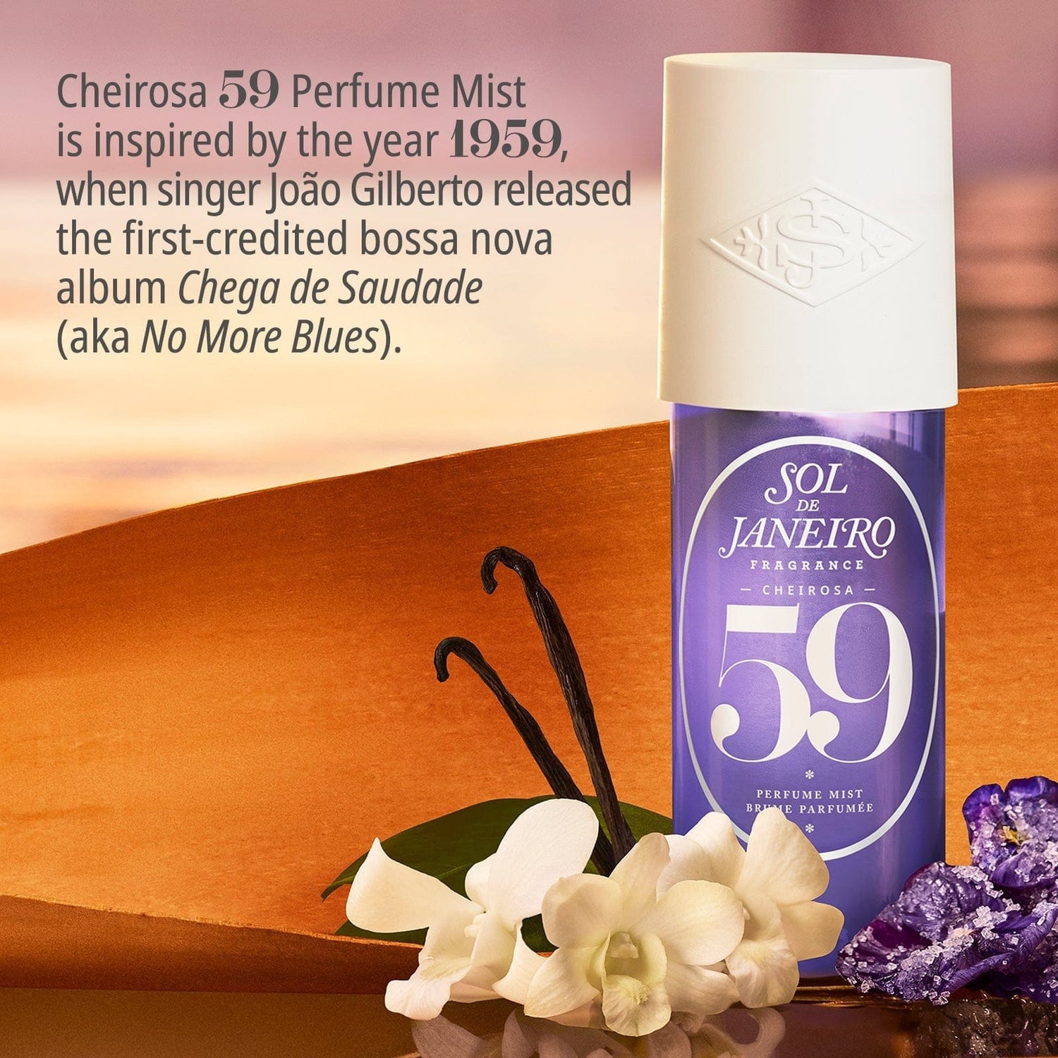 Cheirosa 59 perfume mist is inspired by the year 1959, when singer Joao Gilberto released the first-credited bosa nova album Chega de Saudade (aka No More Blues).