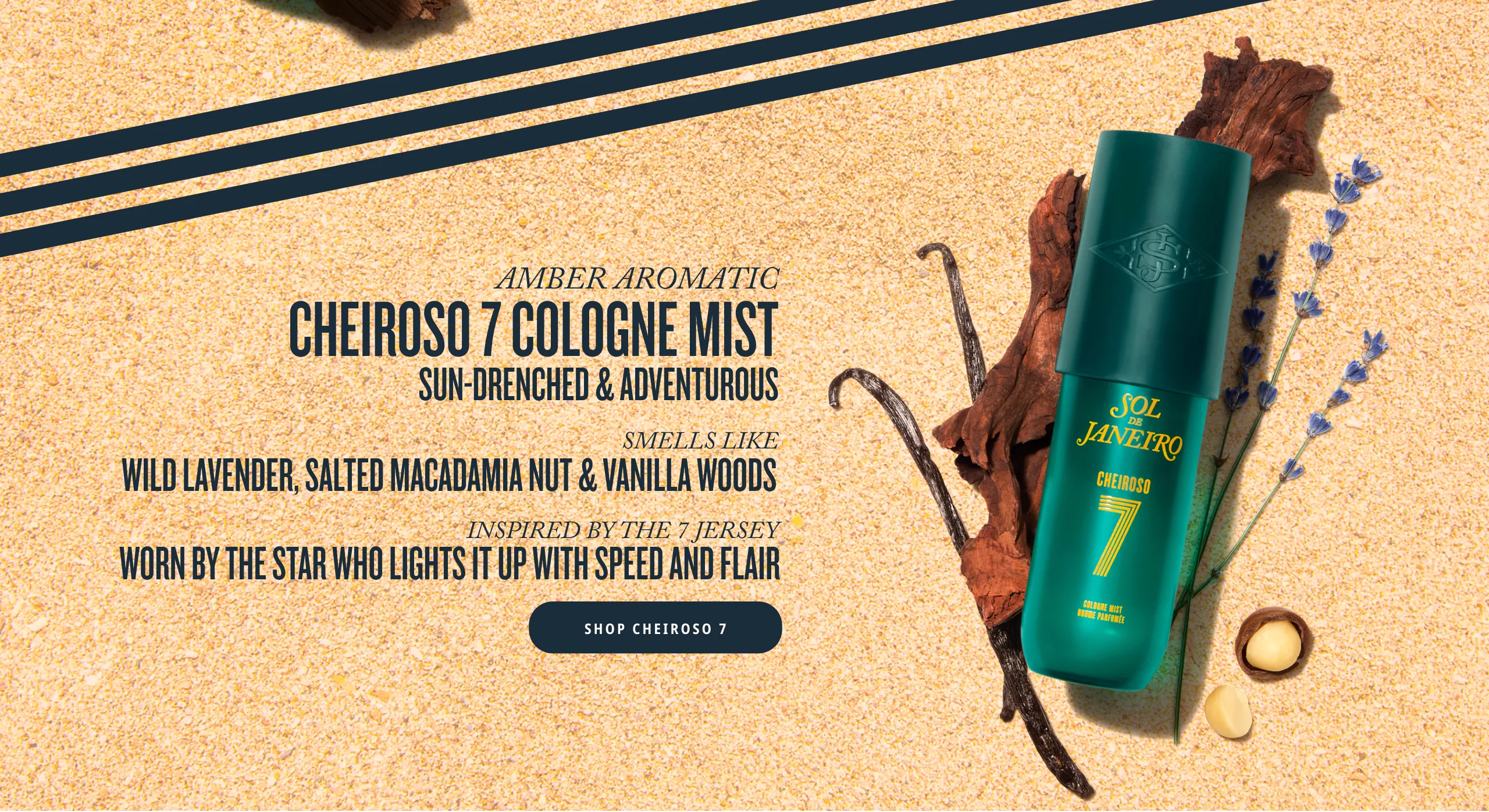 Cheiroso 7 Cologne Mist with vanilla beans and lavender, described as an Amber Aromatic smelling of wild lavender, salted macadamia nut, and vanilla woods, inspired by the 7 jersey. | Shop Cheiroso 7